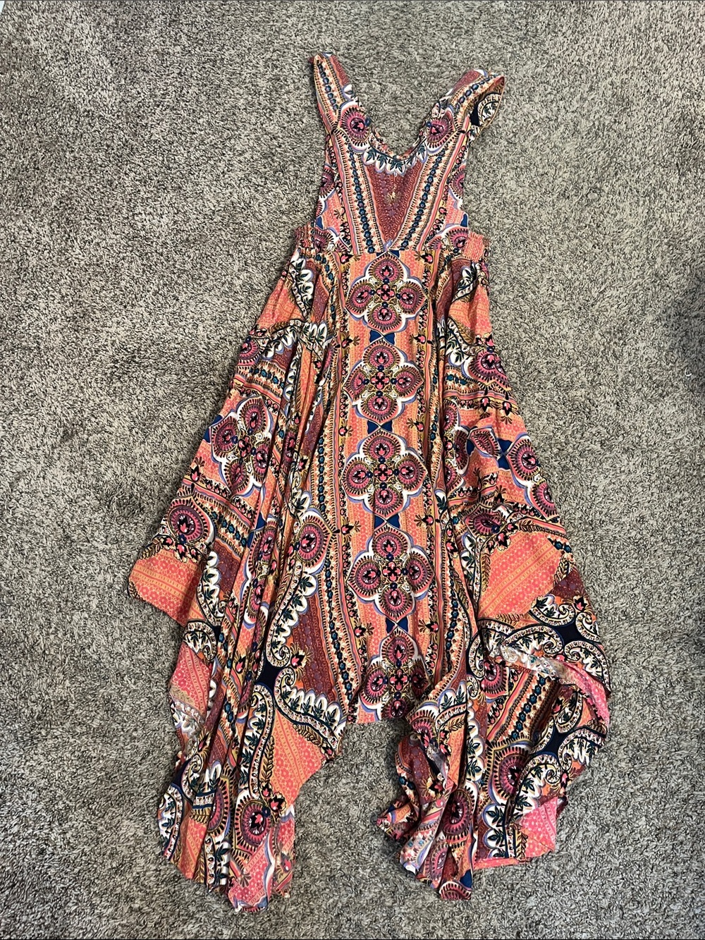 Asymmetrical Boho Handkerchief Hem Dress in Coral Pink Paisley